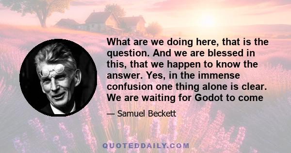 What are we doing here, that is the question. And we are blessed in this, that we happen to know the answer. Yes, in the immense confusion one thing alone is clear. We are waiting for Godot to come