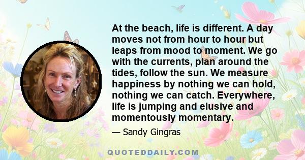 At the beach, life is different. A day moves not from hour to hour but leaps from mood to moment. We go with the currents, plan around the tides, follow the sun. We measure happiness by nothing we can hold, nothing we