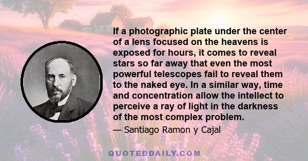 If a photographic plate under the center of a lens focused on the heavens is exposed for hours, it comes to reveal stars so far away that even the most powerful telescopes fail to reveal them to the naked eye. In a