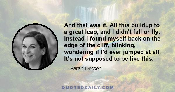 And that was it. All this buildup to a great leap, and I didn't fall or fly. Instead I found myself back on the edge of the cliff, blinking, wondering if I'd ever jumped at all. It's not supposed to be like this.