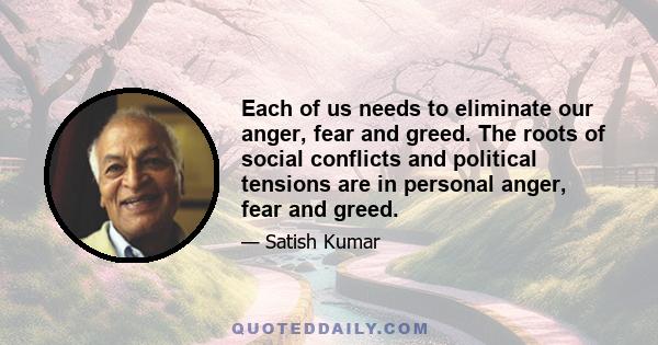 Each of us needs to eliminate our anger, fear and greed. The roots of social conflicts and political tensions are in personal anger, fear and greed.