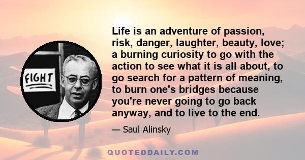 Life is an adventure of passion, risk, danger, laughter, beauty, love; a burning curiosity to go with the action to see what it is all about, to go search for a pattern of meaning, to burn one's bridges because you're