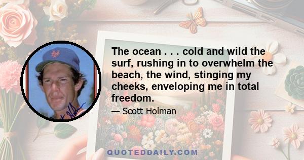 The ocean . . . cold and wild the surf, rushing in to overwhelm the beach, the wind, stinging my cheeks, enveloping me in total freedom.