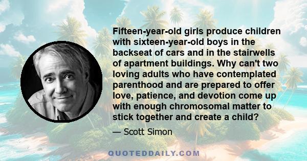 Fifteen-year-old girls produce children with sixteen-year-old boys in the backseat of cars and in the stairwells of apartment buildings. Why can't two loving adults who have contemplated parenthood and are prepared to