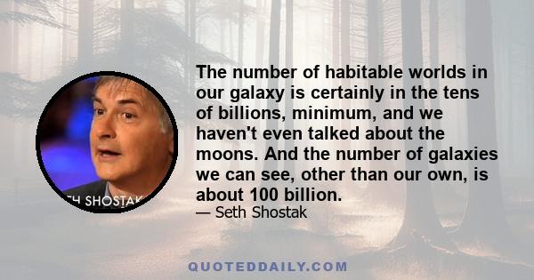 The number of habitable worlds in our galaxy is certainly in the tens of billions, minimum, and we haven't even talked about the moons. And the number of galaxies we can see, other than our own, is about 100 billion.