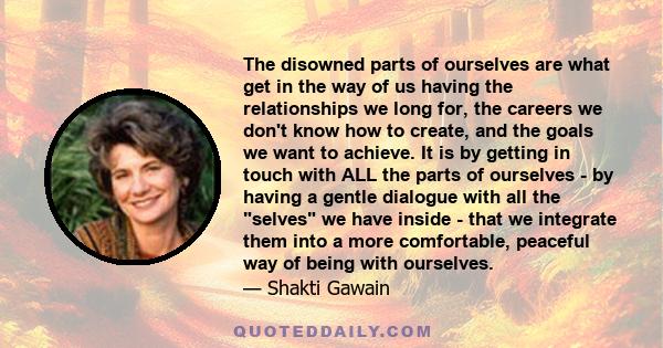 The disowned parts of ourselves are what get in the way of us having the relationships we long for, the careers we don't know how to create, and the goals we want to achieve. It is by getting in touch with ALL the parts 