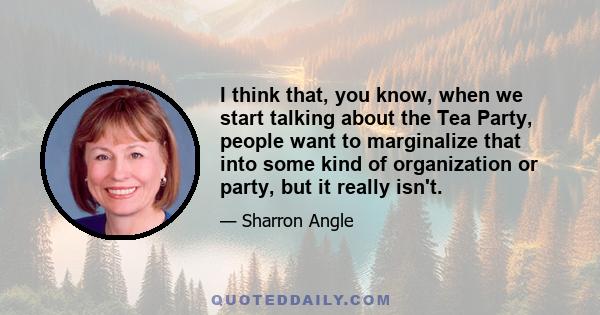 I think that, you know, when we start talking about the Tea Party, people want to marginalize that into some kind of organization or party, but it really isn't.