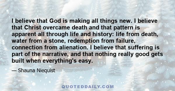 I believe that God is making all things new. I believe that Christ overcame death and that pattern is apparent all through life and history: life from death, water from a stone, redemption from failure, connection from