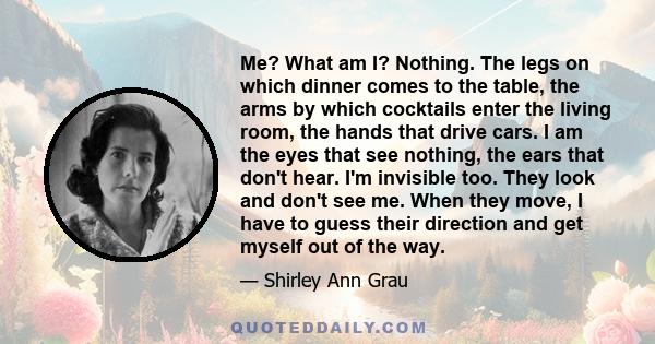 Me? What am I? Nothing. The legs on which dinner comes to the table, the arms by which cocktails enter the living room, the hands that drive cars. I am the eyes that see nothing, the ears that don't hear. I'm invisible