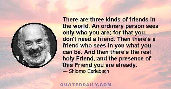 There are three kinds of friends in the world. An ordinary person sees only who you are; for that you don't need a friend. Then there's a friend who sees in you what you can be. And then there's the real holy Friend,