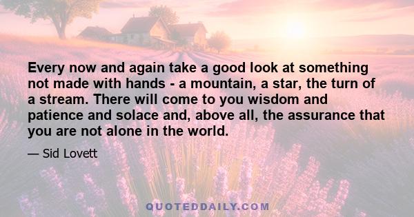 Every now and again take a good look at something not made with hands - a mountain, a star, the turn of a stream. There will come to you wisdom and patience and solace and, above all, the assurance that you are not