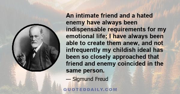 An intimate friend and a hated enemy have always been indispensable requirements for my emotional life; I have always been able to create them anew, and not infrequently my childish ideal has been so closely approached