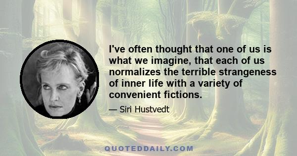 I've often thought that one of us is what we imagine, that each of us normalizes the terrible strangeness of inner life with a variety of convenient fictions.