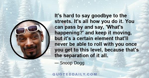 It's hard to say goodbye to the streets. It's all how you do it. You can pass by and say, 'What's happening?' and keep it moving, but it's a certain element that'll never be able to roll with you once you get to this