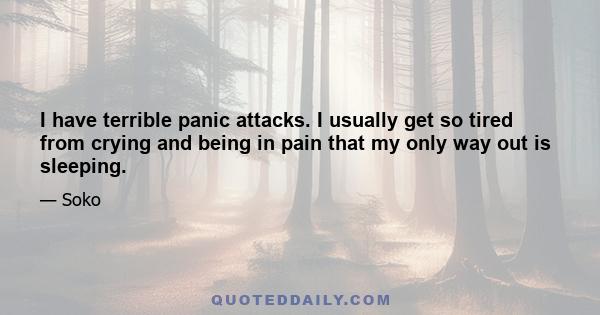 I have terrible panic attacks. I usually get so tired from crying and being in pain that my only way out is sleeping.