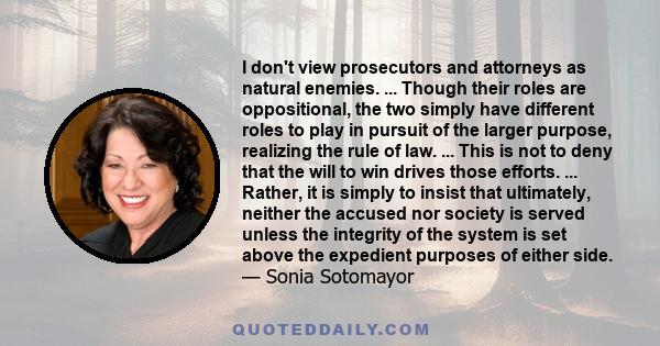 I don't view prosecutors and attorneys as natural enemies. ... Though their roles are oppositional, the two simply have different roles to play in pursuit of the larger purpose, realizing the rule of law. ... This is