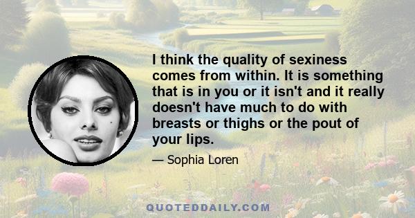 I think the quality of sexiness comes from within. It is something that is in you or it isn't and it really doesn't have much to do with breasts or thighs or the pout of your lips.