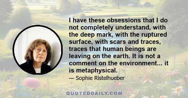 I have these obsessions that I do not completely understand, with the deep mark, with the ruptured surface, with scars and traces, traces that human beings are leaving on the earth. It is not a comment on the