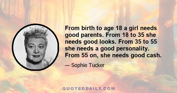 From birth to age 18 a girl needs good parents. From 18 to 35 she needs good looks. From 35 to 55 she needs a good personality. From 55 on, she needs good cash.