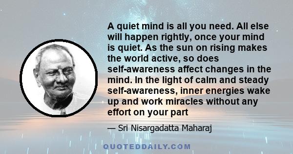 A quiet mind is all you need. All else will happen rightly, once your mind is quiet. As the sun on rising makes the world active, so does self-awareness affect changes in the mind. In the light of calm and steady