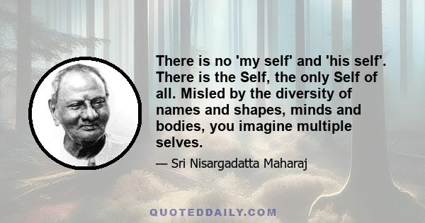 There is no 'my self' and 'his self'. There is the Self, the only Self of all. Misled by the diversity of names and shapes, minds and bodies, you imagine multiple selves.