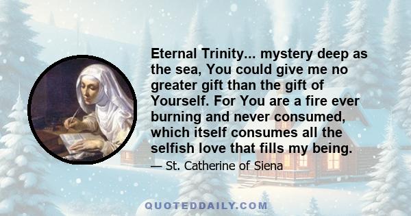 Eternal Trinity... mystery deep as the sea, You could give me no greater gift than the gift of Yourself. For You are a fire ever burning and never consumed, which itself consumes all the selfish love that fills my being.