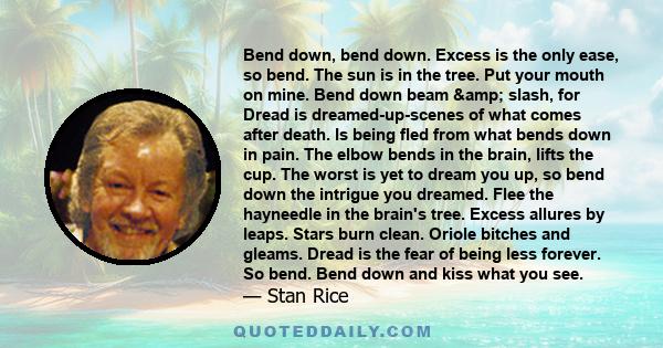 Bend down, bend down. Excess is the only ease, so bend. The sun is in the tree. Put your mouth on mine. Bend down beam & slash, for Dread is dreamed-up-scenes of what comes after death. Is being fled from what bends 