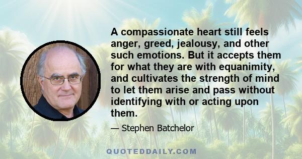 A compassionate heart still feels anger, greed, jealousy, and other such emotions. But it accepts them for what they are with equanimity, and cultivates the strength of mind to let them arise and pass without