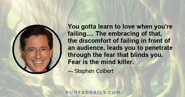 You gotta learn to love when you're failing.... The embracing of that, the discomfort of failing in front of an audience, leads you to penetrate through the fear that blinds you. Fear is the mind killer.