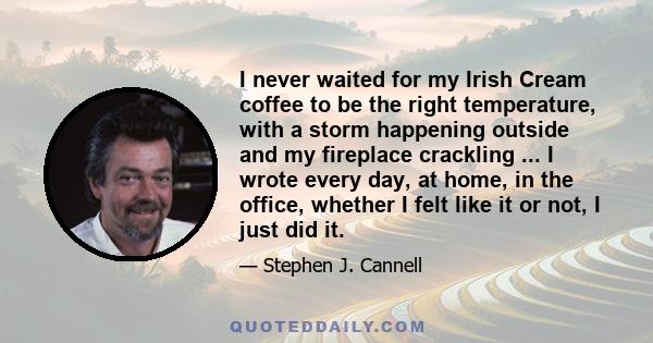 I never waited for my Irish Cream coffee to be the right temperature, with a storm happening outside and my fireplace crackling ... I wrote every day, at home, in the office, whether I felt like it or not, I just did it.