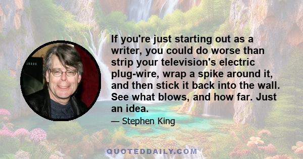 If you're just starting out as a writer, you could do worse than strip your television's electric plug-wire, wrap a spike around it, and then stick it back into the wall. See what blows, and how far. Just an idea.