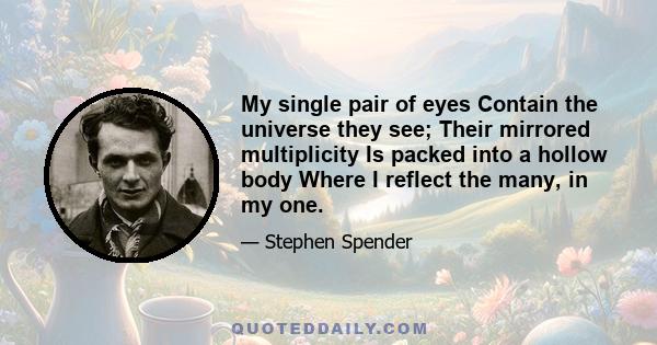 My single pair of eyes Contain the universe they see; Their mirrored multiplicity Is packed into a hollow body Where I reflect the many, in my one.