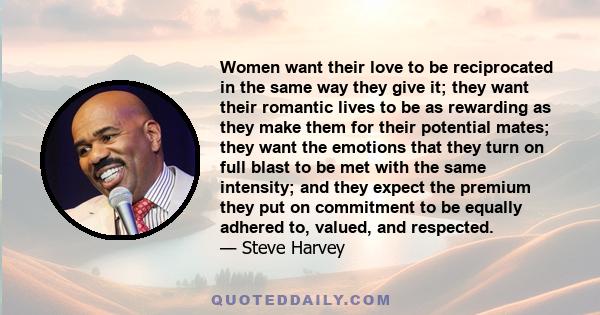 Women want their love to be reciprocated in the same way they give it; they want their romantic lives to be as rewarding as they make them for their potential mates; they want the emotions that they turn on full blast