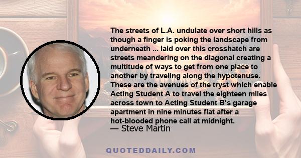 The streets of L.A. undulate over short hills as though a finger is poking the landscape from underneath ... laid over this crosshatch are streets meandering on the diagonal creating a multitude of ways to get from one