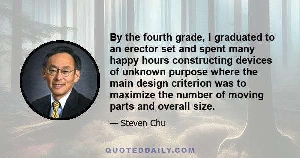 By the fourth grade, I graduated to an erector set and spent many happy hours constructing devices of unknown purpose where the main design criterion was to maximize the number of moving parts and overall size.