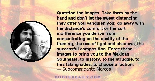 Question the images. Take them by the hand and don't let the sweet distancing they offer you vanquish you; do away with the distance's comfort or the soft indifference you derive from concentrating on the quality of the 