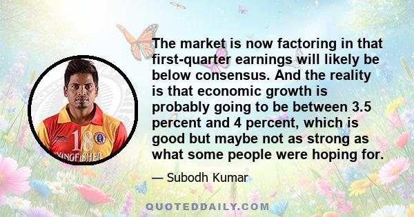 The market is now factoring in that first-quarter earnings will likely be below consensus. And the reality is that economic growth is probably going to be between 3.5 percent and 4 percent, which is good but maybe not