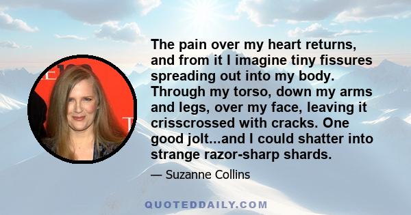 The pain over my heart returns, and from it I imagine tiny fissures spreading out into my body. Through my torso, down my arms and legs, over my face, leaving it crisscrossed with cracks. One good jolt...and I could