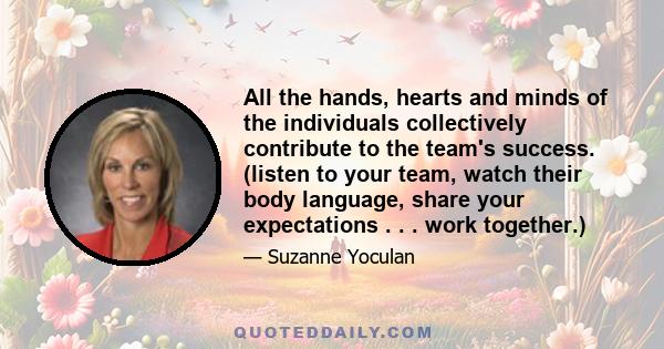 All the hands, hearts and minds of the individuals collectively contribute to the team's success. (listen to your team, watch their body language, share your expectations . . . work together.)