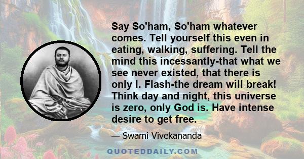 Say So'ham, So'ham whatever comes. Tell yourself this even in eating, walking, suffering. Tell the mind this incessantly-that what we see never existed, that there is only I. Flash-the dream will break! Think day and