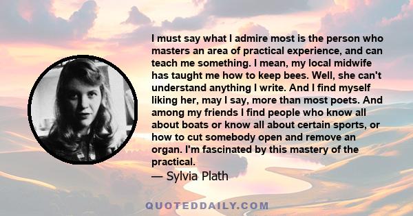 I must say what I admire most is the person who masters an area of practical experience, and can teach me something. I mean, my local midwife has taught me how to keep bees. Well, she can't understand anything I write.