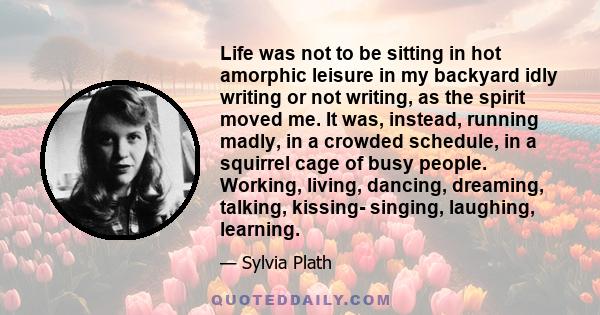 Life was not to be sitting in hot amorphic leisure in my backyard idly writing or not writing, as the spirit moved me. It was, instead, running madly, in a crowded schedule, in a squirrel cage of busy people. Working,