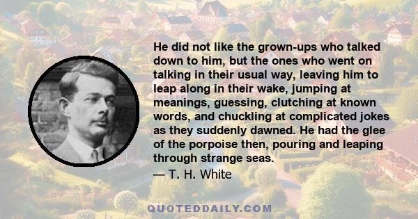 He did not like the grown-ups who talked down to him, but the ones who went on talking in their usual way, leaving him to leap along in their wake, jumping at meanings, guessing, clutching at known words, and chuckling