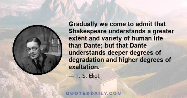 Gradually we come to admit that Shakespeare understands a greater extent and variety of human life than Dante; but that Dante understands deeper degrees of degradation and higher degrees of exaltation.