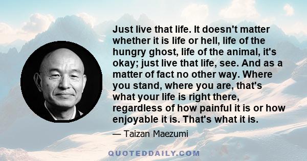 Just live that life. It doesn't matter whether it is life or hell, life of the hungry ghost, life of the animal, it's okay; just live that life, see. And as a matter of fact no other way. Where you stand, where you are, 