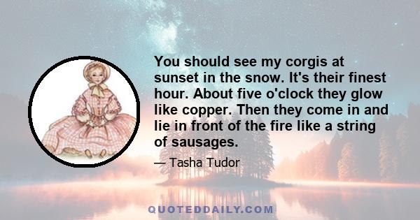 You should see my corgis at sunset in the snow. It's their finest hour. About five o'clock they glow like copper. Then they come in and lie in front of the fire like a string of sausages.