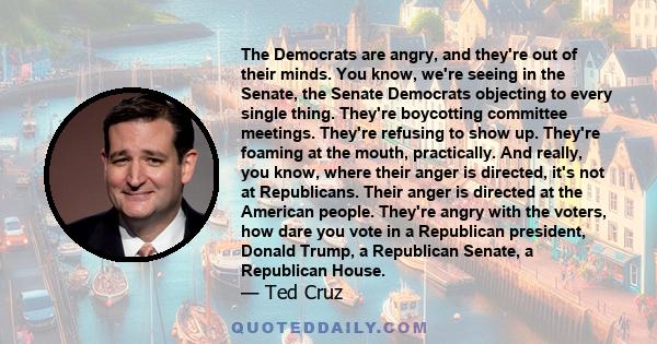 The Democrats are angry, and they're out of their minds. You know, we're seeing in the Senate, the Senate Democrats objecting to every single thing. They're boycotting committee meetings. They're refusing to show up.