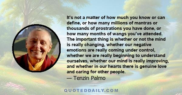 It's not a matter of how much you know or can define, or how many millions of mantras or thousands of prostrations you have done, or how many months of wangs you've attended. The important thing is whether or not the