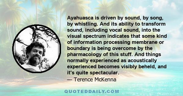 Ayahuasca is driven by sound, by song, by whistling. And its ability to transform sound, including vocal sound, into the visual spectrum indicates that some kind of information processing membrane or boundary is being