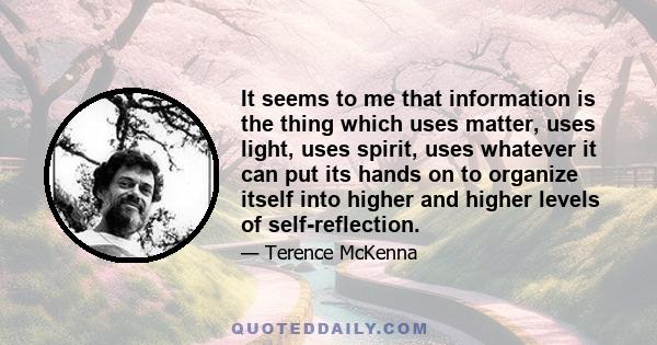 It seems to me that information is the thing which uses matter, uses light, uses spirit, uses whatever it can put its hands on to organize itself into higher and higher levels of self-reflection.